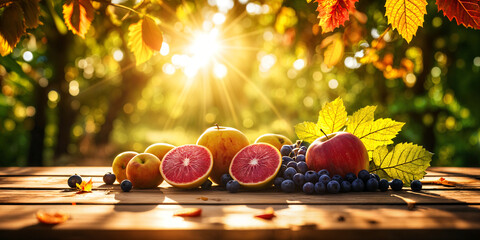 A vibrant autumn scene with a wooden table laden with fresh fruits and leaves, set against the backdrop of a sunlit forest.