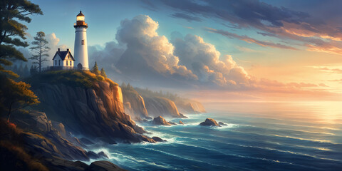 A serene coastal scene with a lighthouse perched on a cliff overlooking the ocean at sunset.