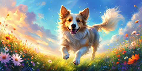 A happy, brown and white dog with floppy ears, running through a field of flowers.