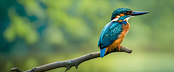 Fototapeta premium Kingfisher Perched Over Water in Perfect Stillness, Generative AI