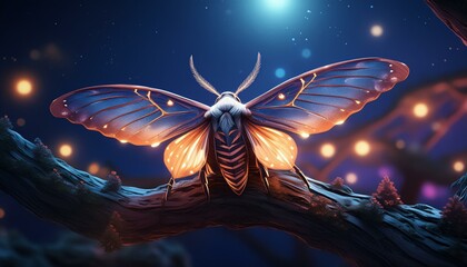 A large, fantastical moth with luminescent wings perched on a branch during twilight - obrazy, fototapety, plakaty