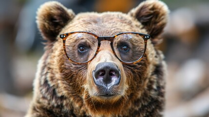 Naklejka premium A tight shot of a bear wearing glasses Backdrop of rocky landscape is indistinct