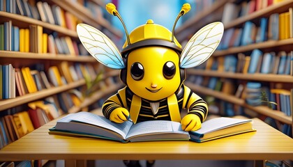 An anthropomorphic bee librarian sorting books in a tiny library,