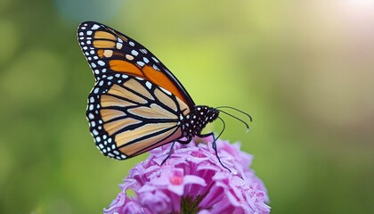  Close-up of a monarch butterfly perching on a vibrant purple flower, with a softly blurred 