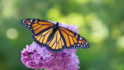 Naklejka premium Close-up of a monarch butterfly perching on a vibrant purple flower, with a softly blurred 