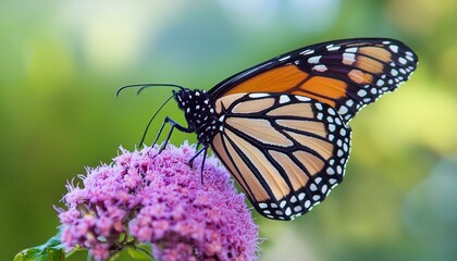Obraz premium Close-up of a monarch butterfly perching on a vibrant purple flower, with a softly blurred 