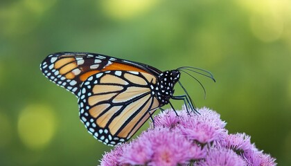  Close-up of a monarch butterfly perching on a vibrant purple flower, with a softly blurred 