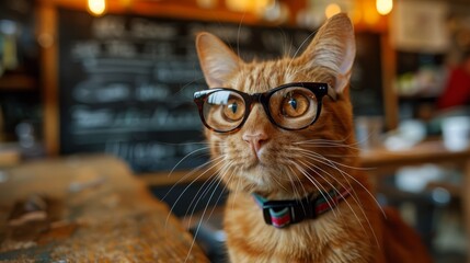   A tight shot of a feline donning eyeglasses, surrounded by a menu-bearing backrest in the background