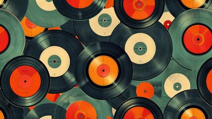 Vinyl Records Pattern on a Retro Colored Background with Peacock Blue, Tangerine, and Almond Shades