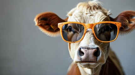   A close-up of a cow donning glasses....A cow's face, adorned with eyeglasses
