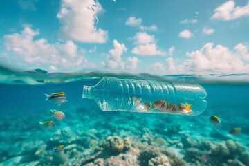 Plastic bottle with small tropic fishes inside floating under the seawater.