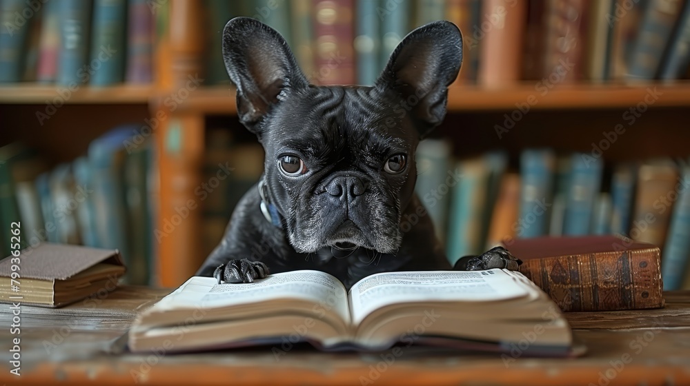 Poster a small dog sits at a table, gazing at an open book a bookshelf fills the background