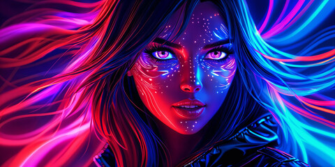 A woman with striking purple eyes and vibrant, colorful makeup on her face. She appears to be standing against a backdrop of bright colors, possibly neon lights.