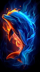A dolphin is in flames. A magical creature made of fire on black background.