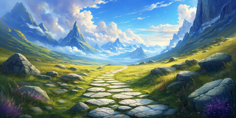 A serene landscape with a winding stone path leading towards majestic mountains under a clear blue sky.