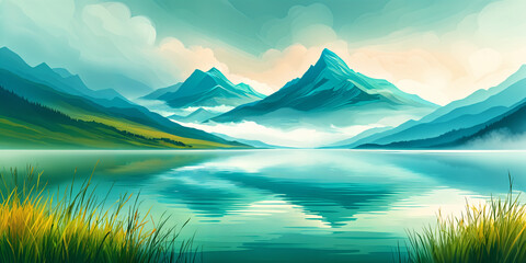 A serene landscape featuring a tranquil lake surrounded by majestic mountains, with the sky above painted in soft hues of blue and orange.