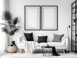  Mockup black poster frame and accessories decor in cozy white interior background 