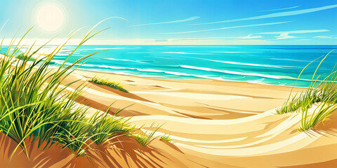 A serene beach scene with the sun setting over the ocean, casting a warm glow on the sandy shore and tall grasses.