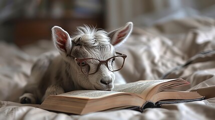 Obraz premium A tiny goat, donning glasses, reads a book on a bed A blanket lies beside it A book is positioned before its face