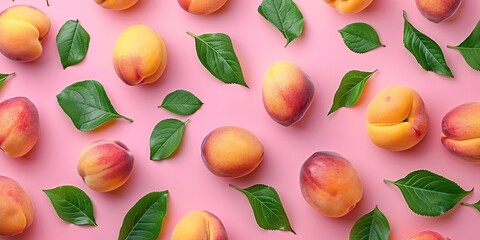 Several ripe peaches with green leaves scattered evenly over a peach-colored background. - obrazy, fototapety, plakaty