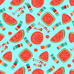Funny seamless pattern with juicy watermelon and hand lettering Summer Mood.Colorful background with stripes and dots.Seasonal print on fabric and paper.Vector design for use in wallpaper,cover.