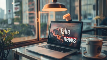 A laptop computer sitting on top of a desk. Words Fake News on a screen.