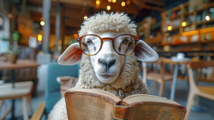 Fototapeta premium A tight shot of a sheep donning glasses as it studies a book, surrounded by furnishings - tables and chairs included - in the background