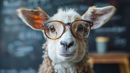 Fototapeta premium A close-up of a sheep wearing glasses, with a chalkboard in the background