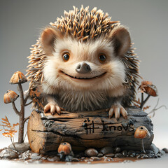 A 3D animated cartoon render of a smiling hedgehog signaling drivers of a fallen tree hazard.