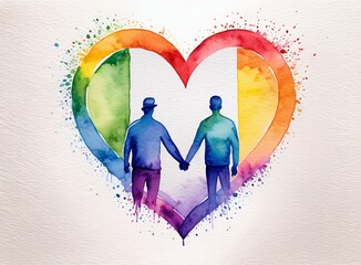Watercolour illustration of a heart painted in rainbow colours with a couple in love 