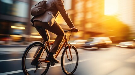 businessman in suit and helmet riding bicycle in city cycling to work