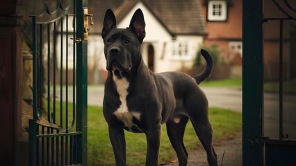 A loyal watchdog standing guard by the front gate, ears perked attentively and eyes focused intently on potential intruders.
