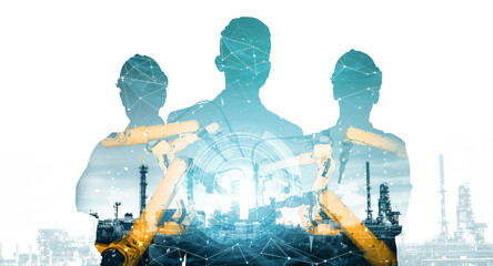 MLP Mechanized industry robot arm and factory worker double exposure. Concept of robotics...