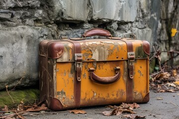 weathered suitcase sits on sidewalk next to stone building