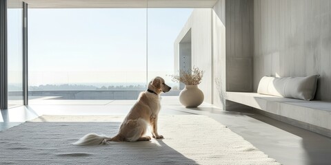 Golden Retriever sits on a carpet in a modern living room