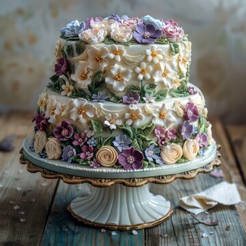 A cake decorated with various kinds of flowers