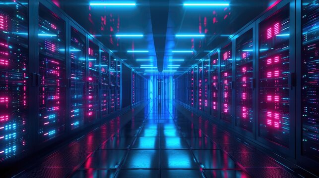 A parallel row of servers, adorned in electric blue, fills a technology-driven data center hallway with a symmetrical display of power and Azure technology. AIG41