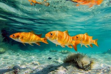 Three orange koi fish swimming in a clear pond