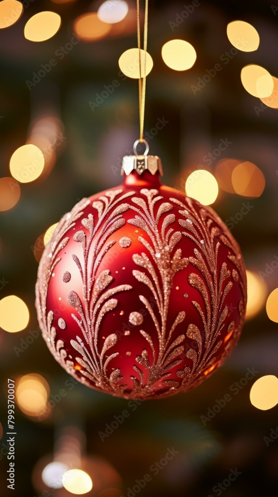 Poster red christmas ball hanging on a golden thread with blurred christmas lights in the background