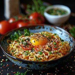 bowl of noodles with egg and vegetables