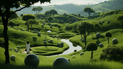 A woman walking in a surreal green landscape with giant topiary balls