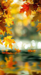 autumn leaves frame with close up of  leaves over a lake with reflection and bokeh of water in the background