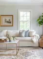 A cozy living room with a white sofa, marble coffee table, and large windows