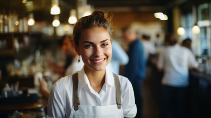 Fototapeta premium Portrait of a smiling young woman wearing a white apron standing in a restaurant