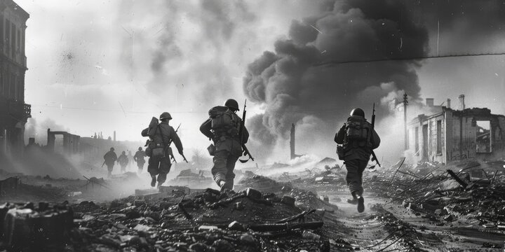 Black and white photo of World War II soldiers running through a destroyed city