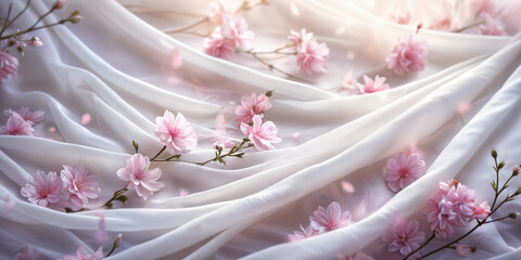 A close-up of pink flowers with green stems, set against a soft, flowing fabric background that appears to be white or light-colored.