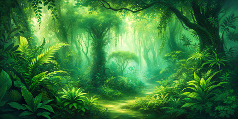 A lush, green forest with towering trees and a winding path that invites exploration.