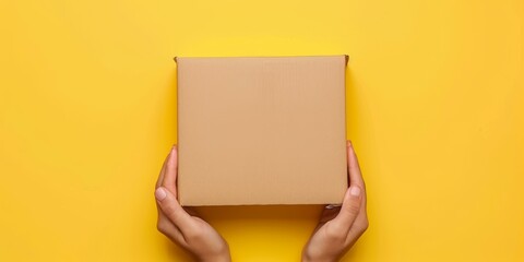 A cardboard box in the hands of a person on a yellow background