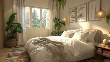 A bedroom with a large bed, a rug, and several plants