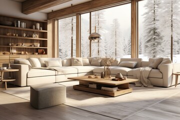 Modern Minimalist Living Room Design With Scenic Snowy Forest View